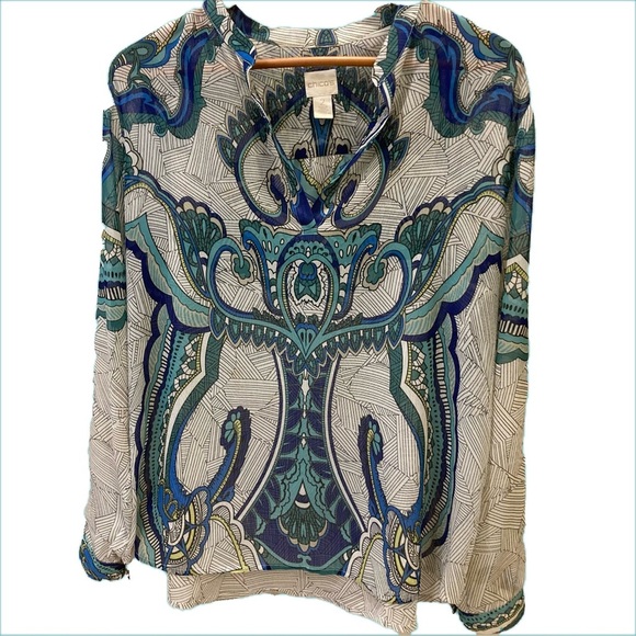 Colorful Chico’s blouse. Shades of blue on white/black geometric print. Size 2 - Picture 1 of 3